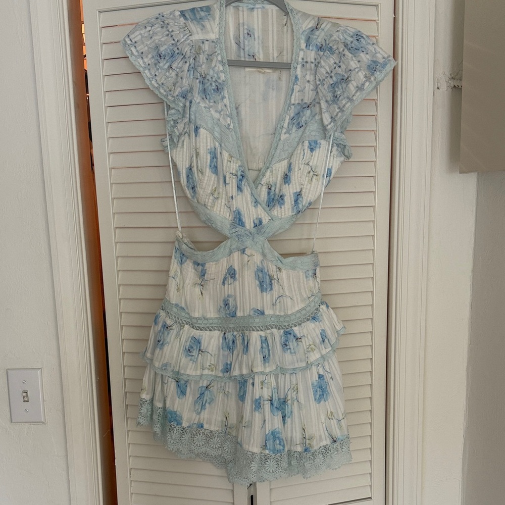 LoveShackFancy Blue and White Floral Mini Dress